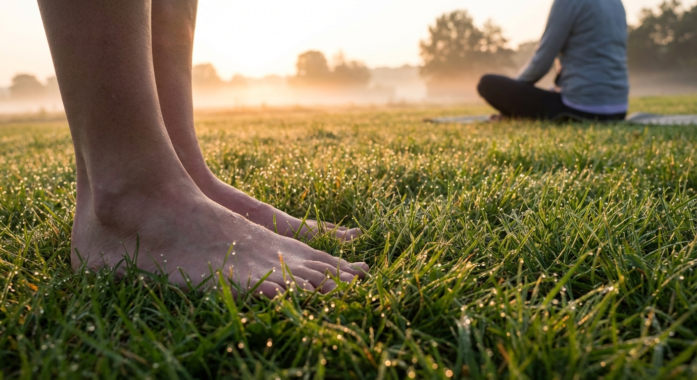 Bare feet on dewy grass at sunrise, golden morning light for grounding ritual