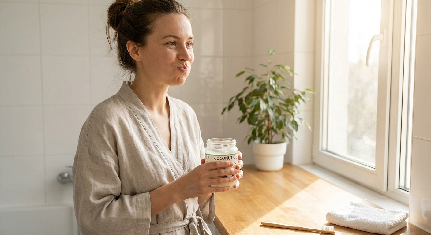 Woman swishing coconut oil for oil pulling morning routine in bright bathroom