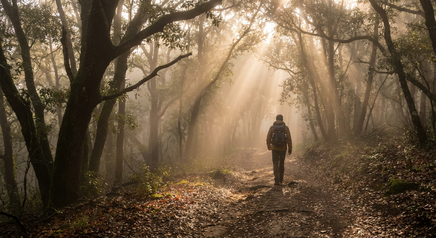 Person walking on misty forest trail at dawn with golden sunlight through trees