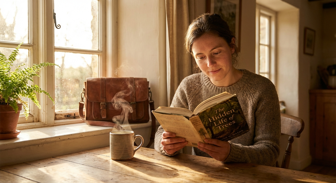 Person reading a book at a wooden table with warm morning sunlight, steaming coffee nearby