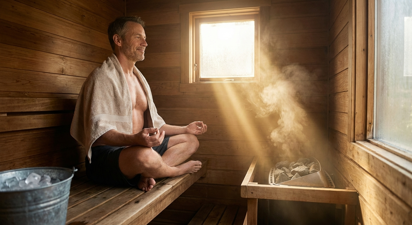 Fit adult in traditional wooden sauna at sunrise with steam and golden light