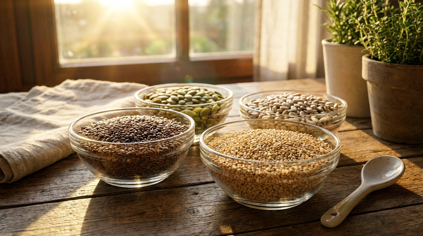 Close-up of colorful seeds in glass bowls: flax seeds, pumpkin seeds, sunflower seeds, sesame seeds arranged on wooden table with golden morning sunlight