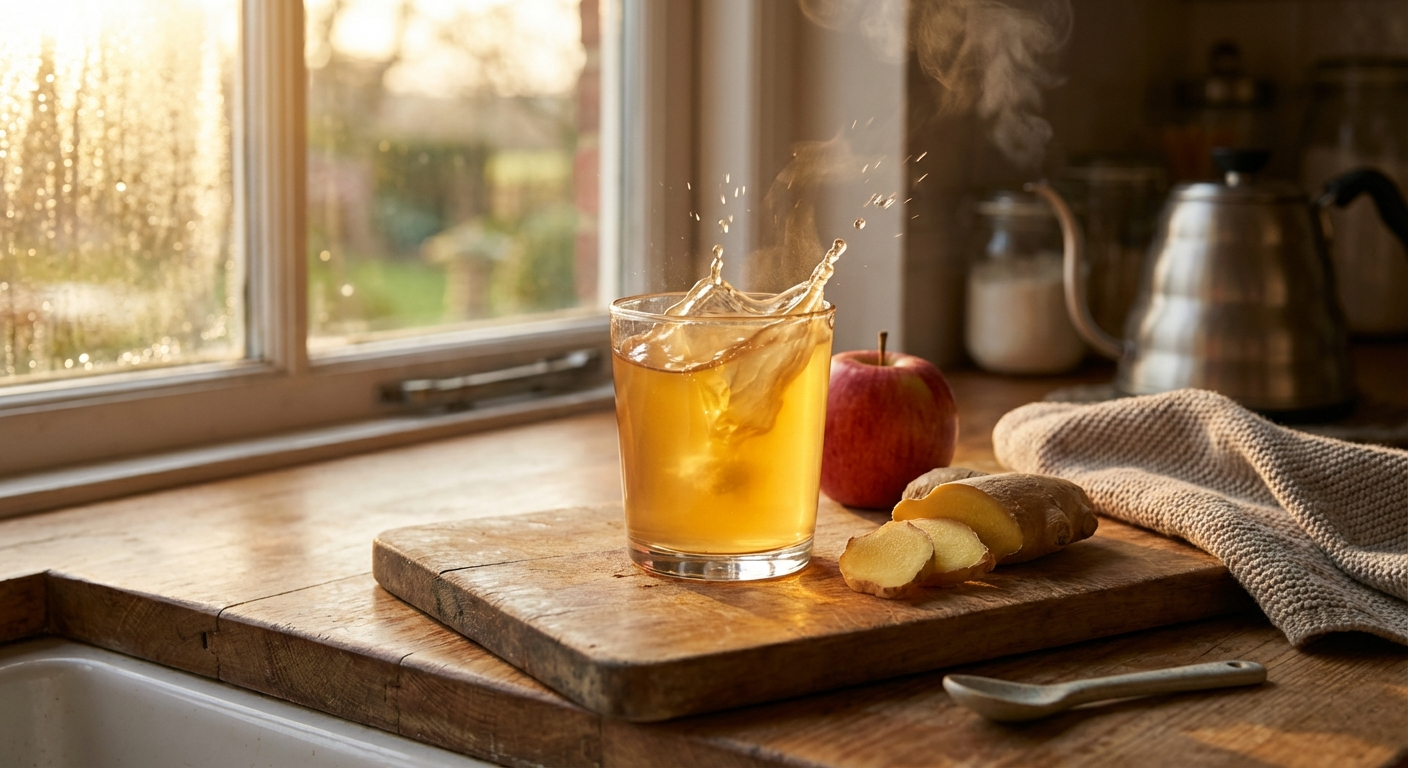 Glass of apple cider vinegar in warm water with splash on bright wooden kitchen counter at dawn, golden morning sunlight streaming through window