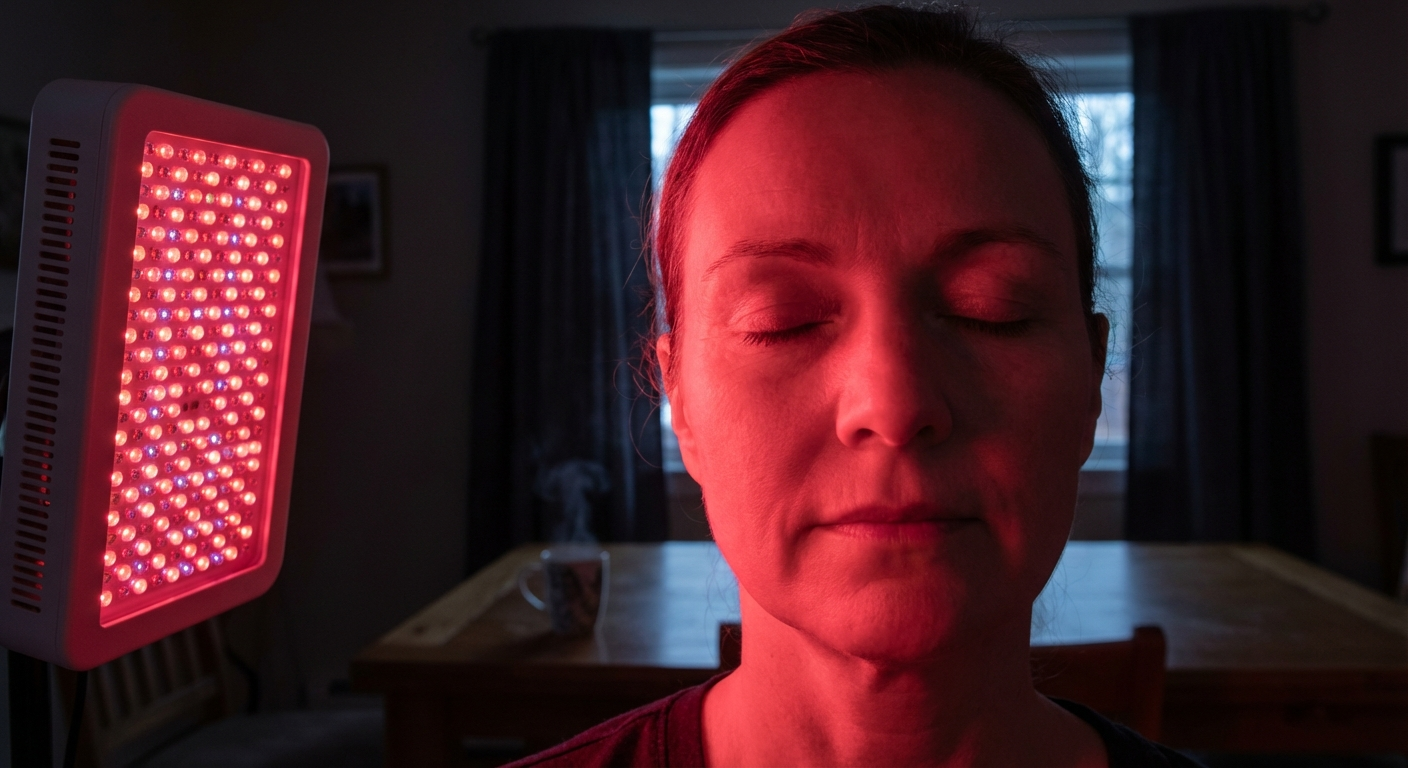 Face illuminated by warm red and near-infrared light therapy panel in dark morning room, clinical and beautiful red light wavelengths