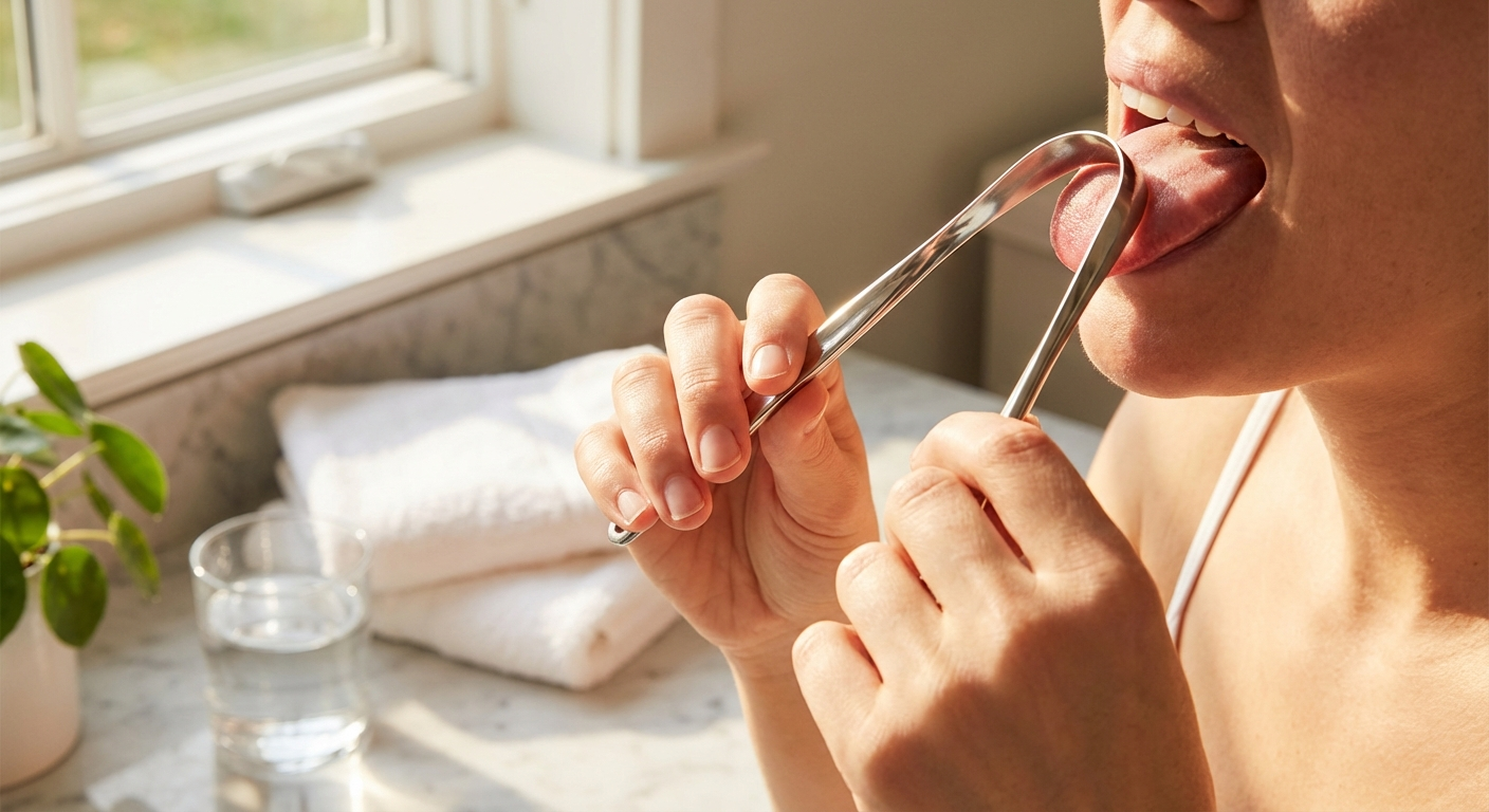 Close-up shiny copper tongue scraper held over open mouth showing healthy pink tongue in bright bathroom with morning sunlight