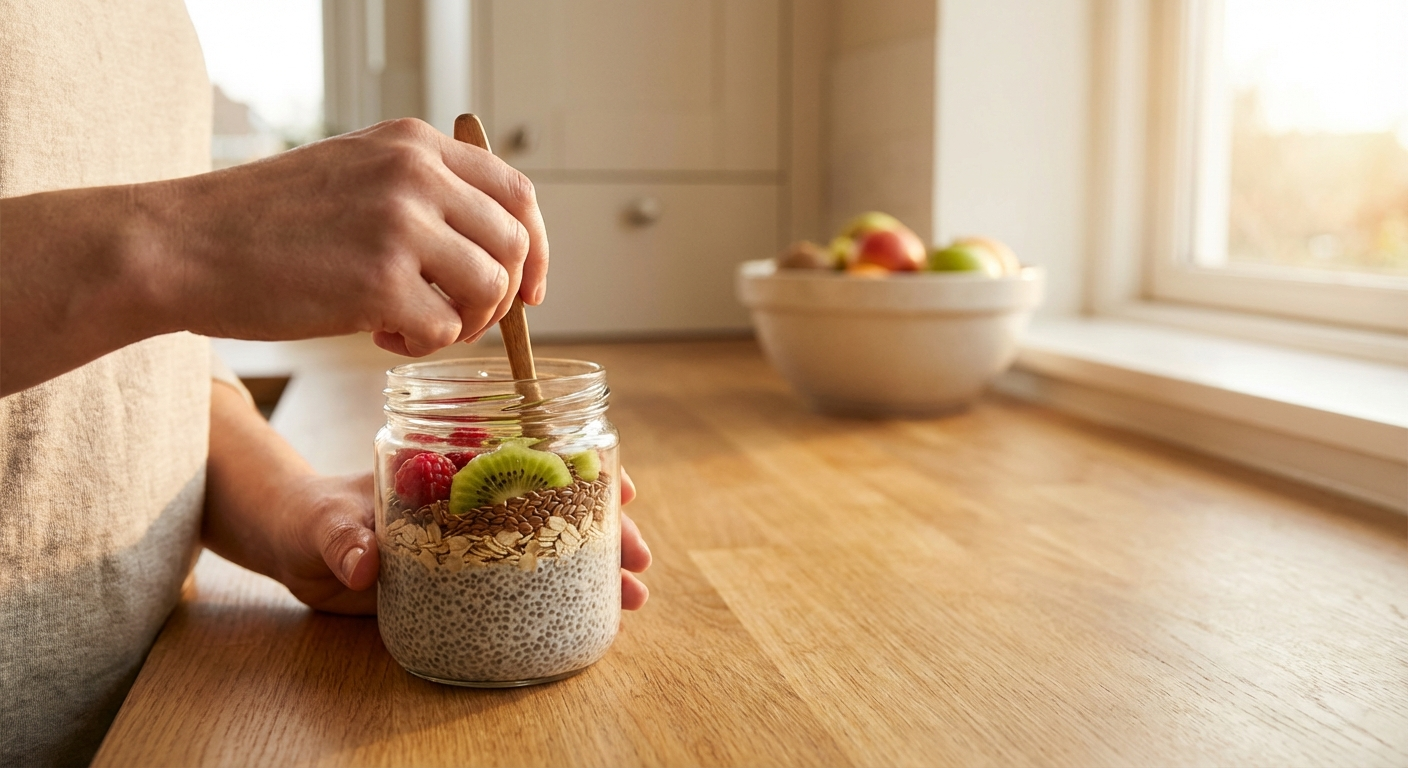 High-fiber morning breakfast with oats, berries, chia, and flax on a bright kitchen counter