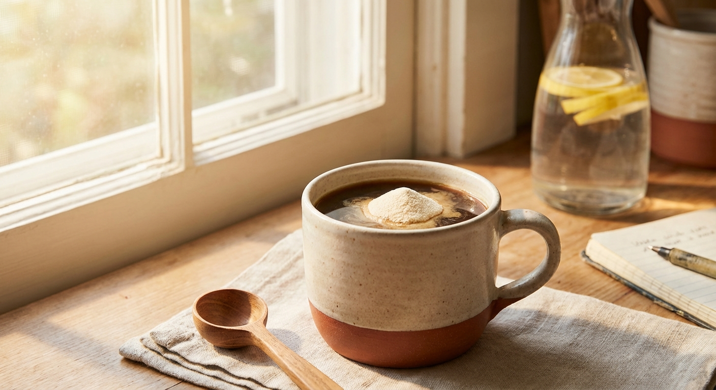 Morning coffee with collagen powder in a sunlit kitchen