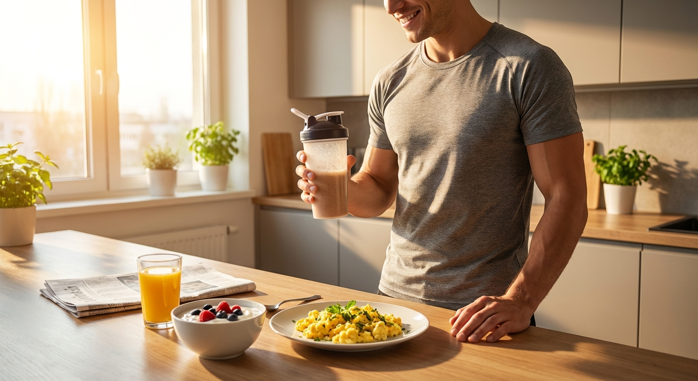 Muscular person holding protein shake in modern kitchen with golden morning light
