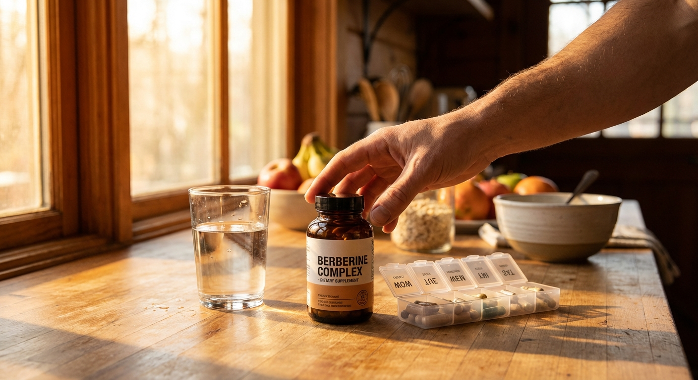 Morning kitchen counter with berberine supplement bottle, water, and healthy breakfast prep