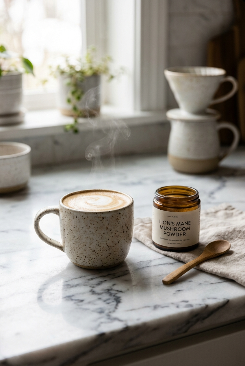 Sunlit morning coffee mug beside lion's mane mushroom powder jar on kitchen counter