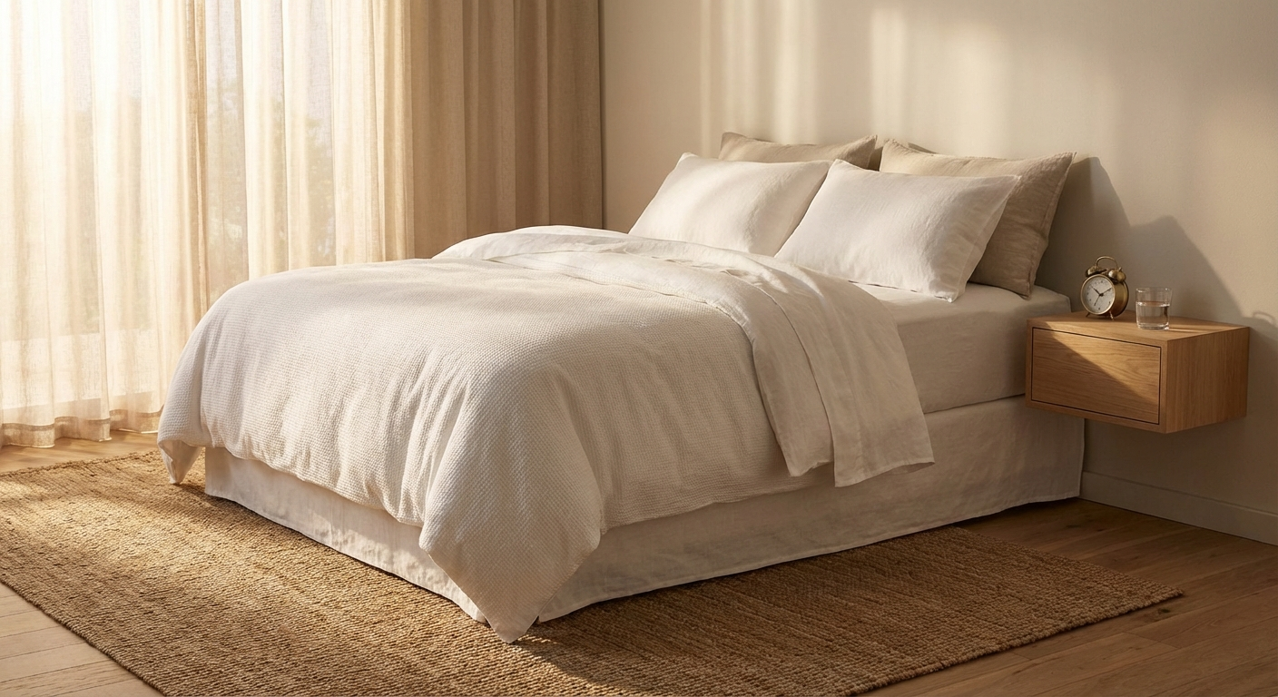 Sunlit bedroom with a neatly made bed and tidy morning environment