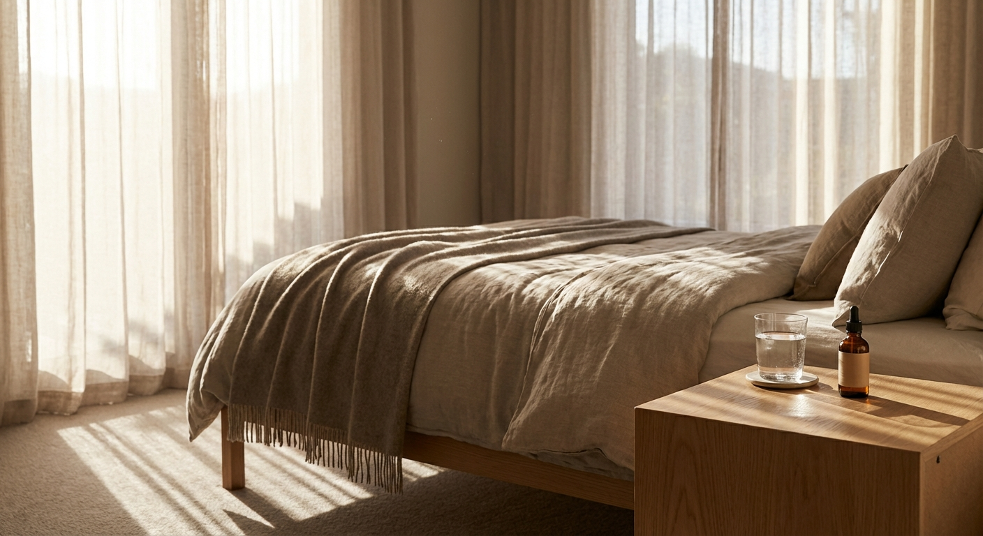 Sunlit bedroom morning setup with neatly made bed, glass of water, and ashwagandha supplement bottle on wooden nightstand