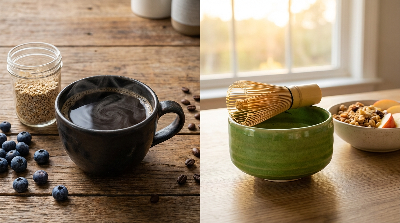 Split morning setup with black coffee and whisked matcha in sunrise light