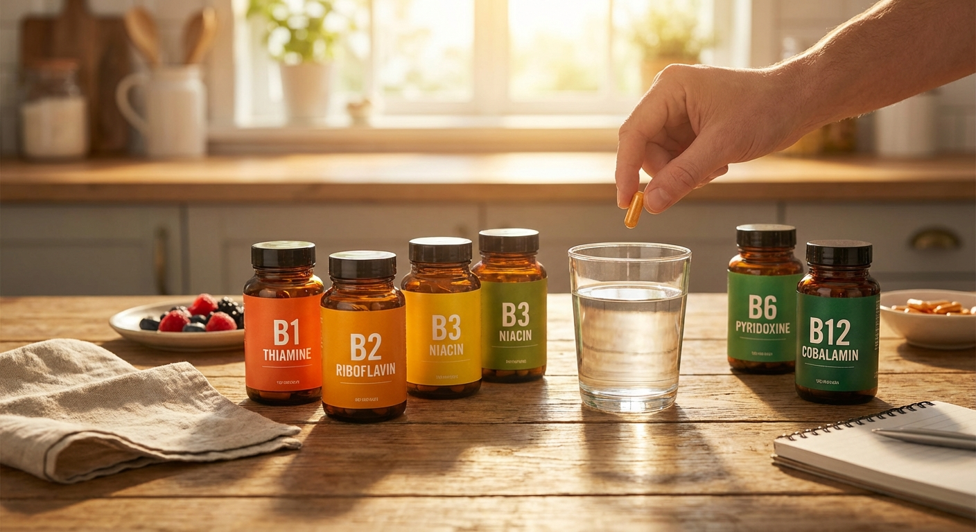 B-Complex vitamins arrangement on morning table at sunrise