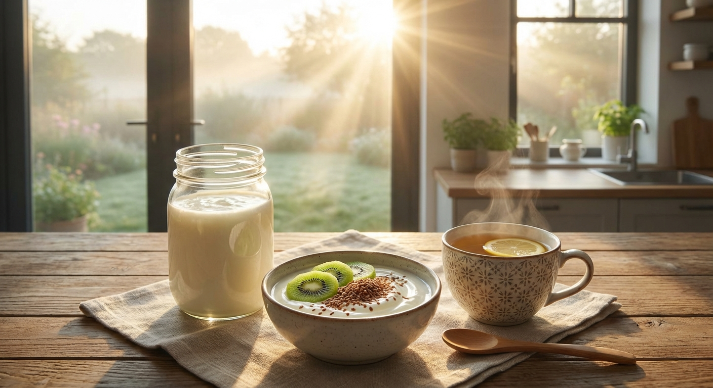 Sunlit morning gut health setup with kefir, yogurt, kiwi, and flaxseed on kitchen counter