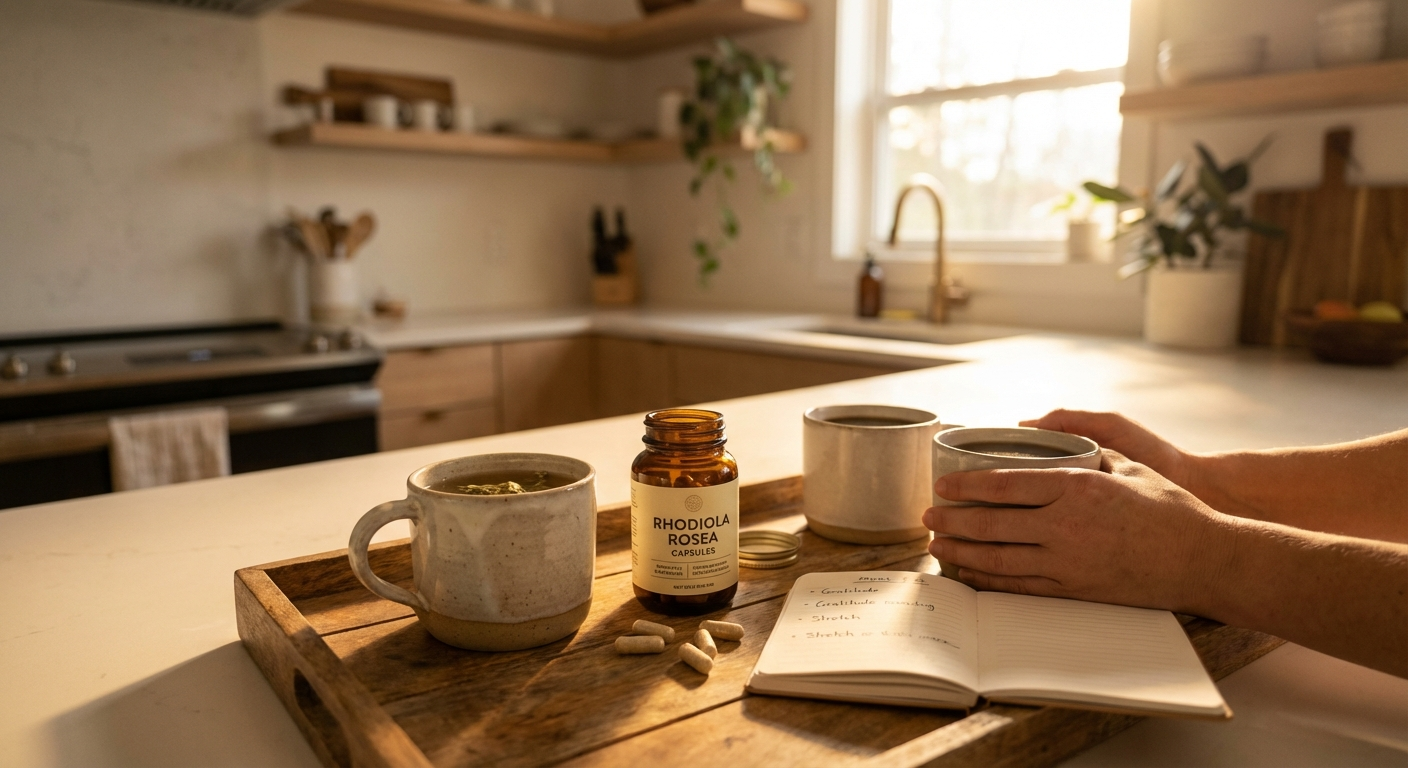 Morning kitchen scene with rhodiola supplement, coffee mug, and sunrise light