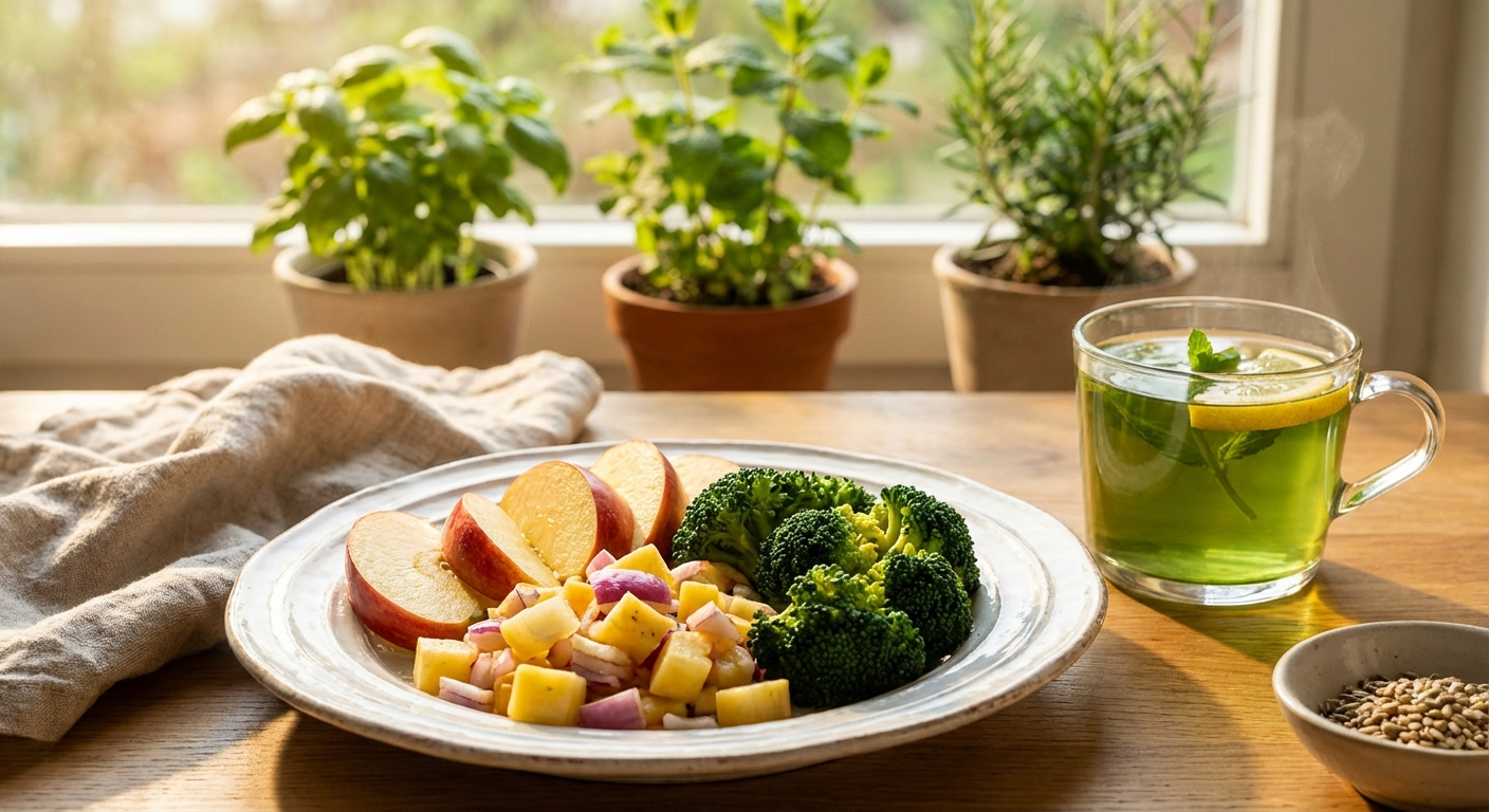 Quercetin-rich foods including apples, onions, broccoli at breakfast