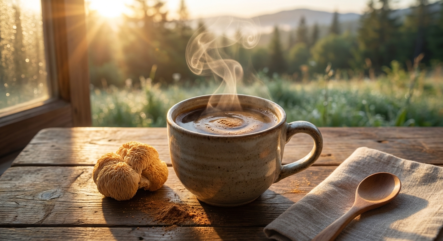 Steaming mug of lion's mane coffee with mushroom powder swirl at sunrise