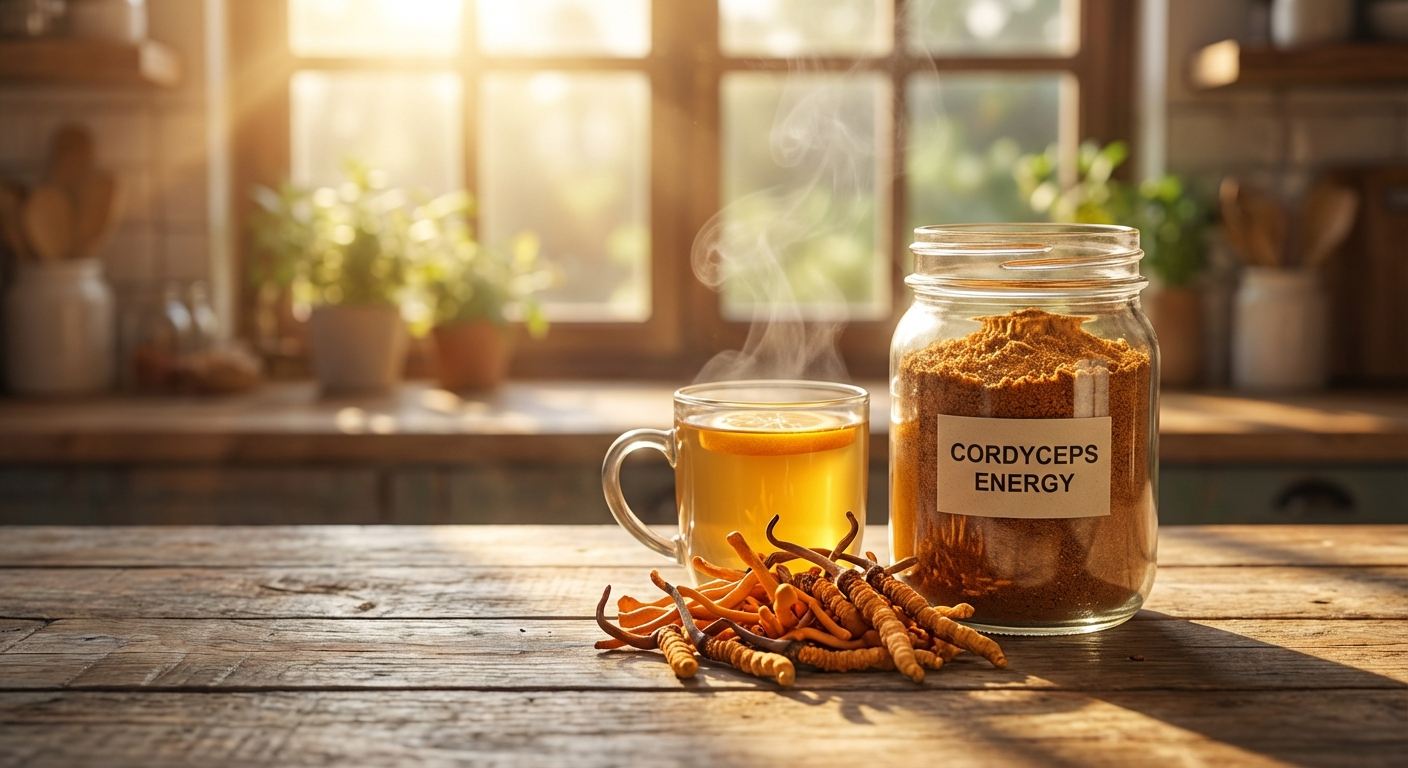 Cordyceps morning energy supplement setup with mushrooms and golden drink on sunlit wooden table