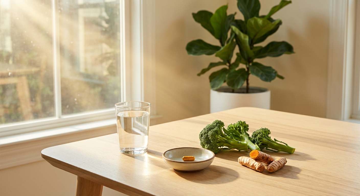 Berberine supplement morning routine setup on bright wooden table with glass of water and fresh vegetables