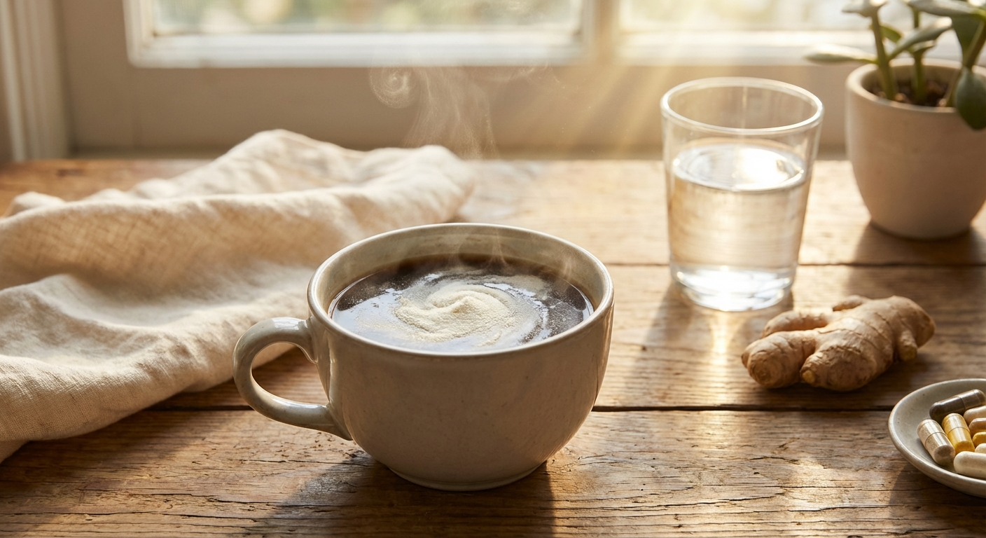Steaming mug of collagen coffee with sunrise light, wellness setup