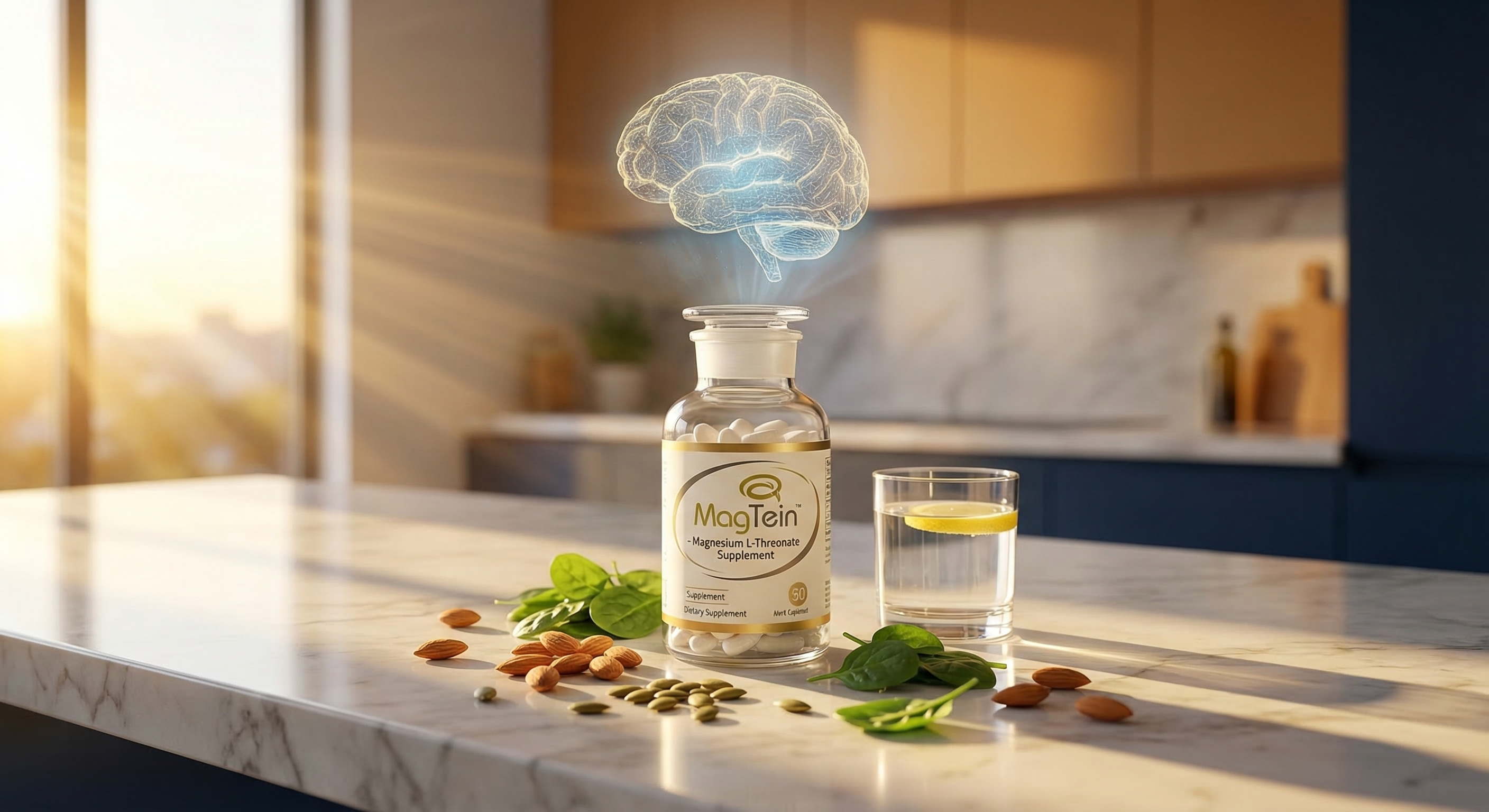 Magnesium L-Threonate supplement bottle on sunlit marble table with brain hologram