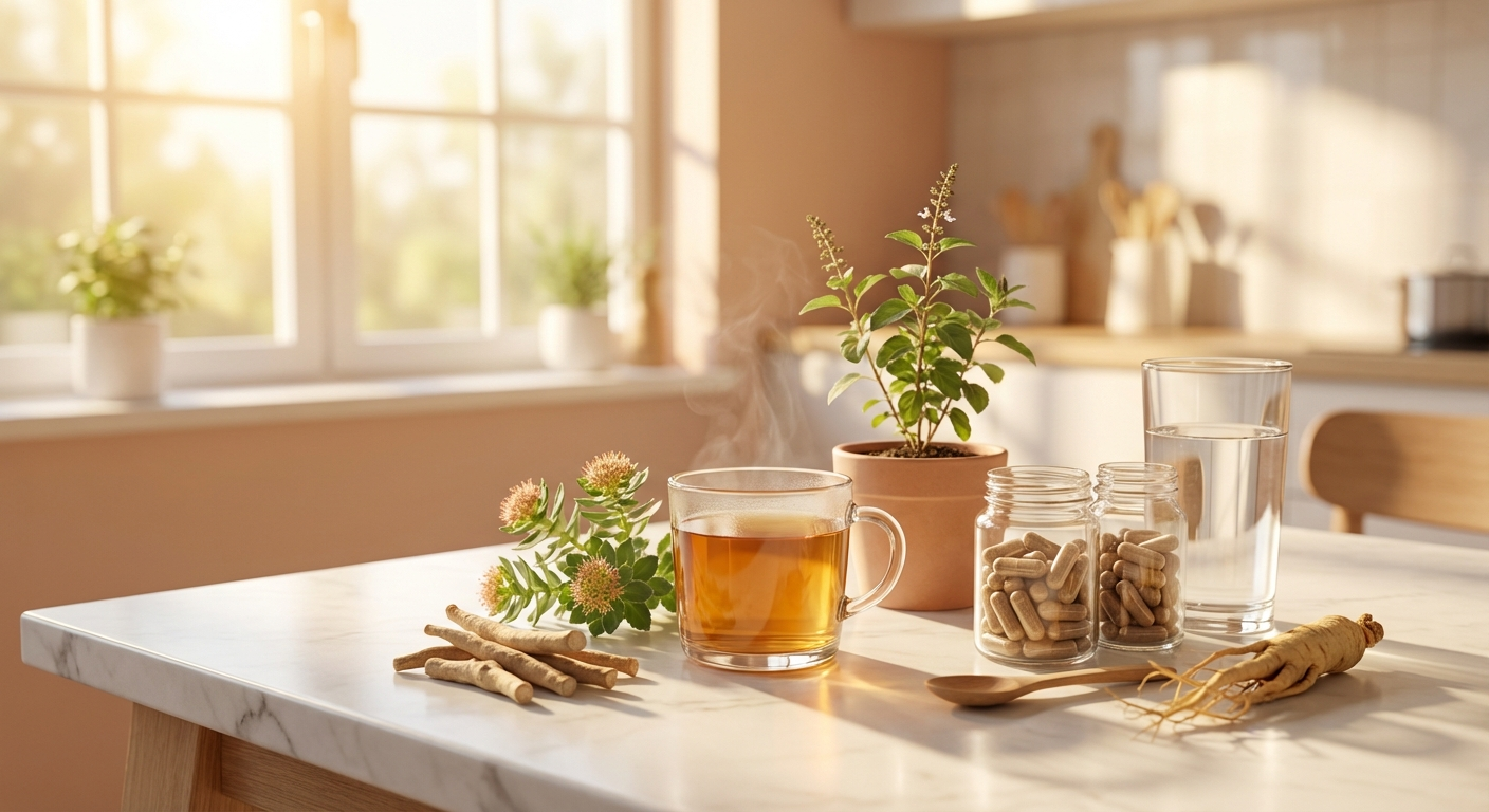 Adaptogenic herbs and supplements arranged on a sunlit breakfast table