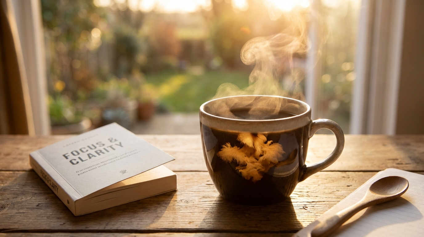 Morning coffee cup with lion's mane mushroom floating in the liquid, cognitive enhancement theme