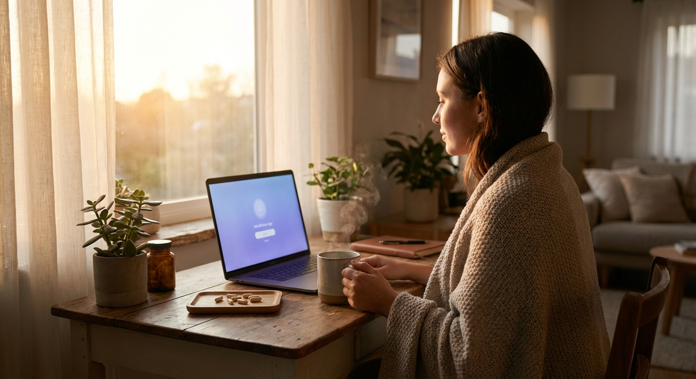 Morning wellness scene with green tea, supplement capsules, and calm focus