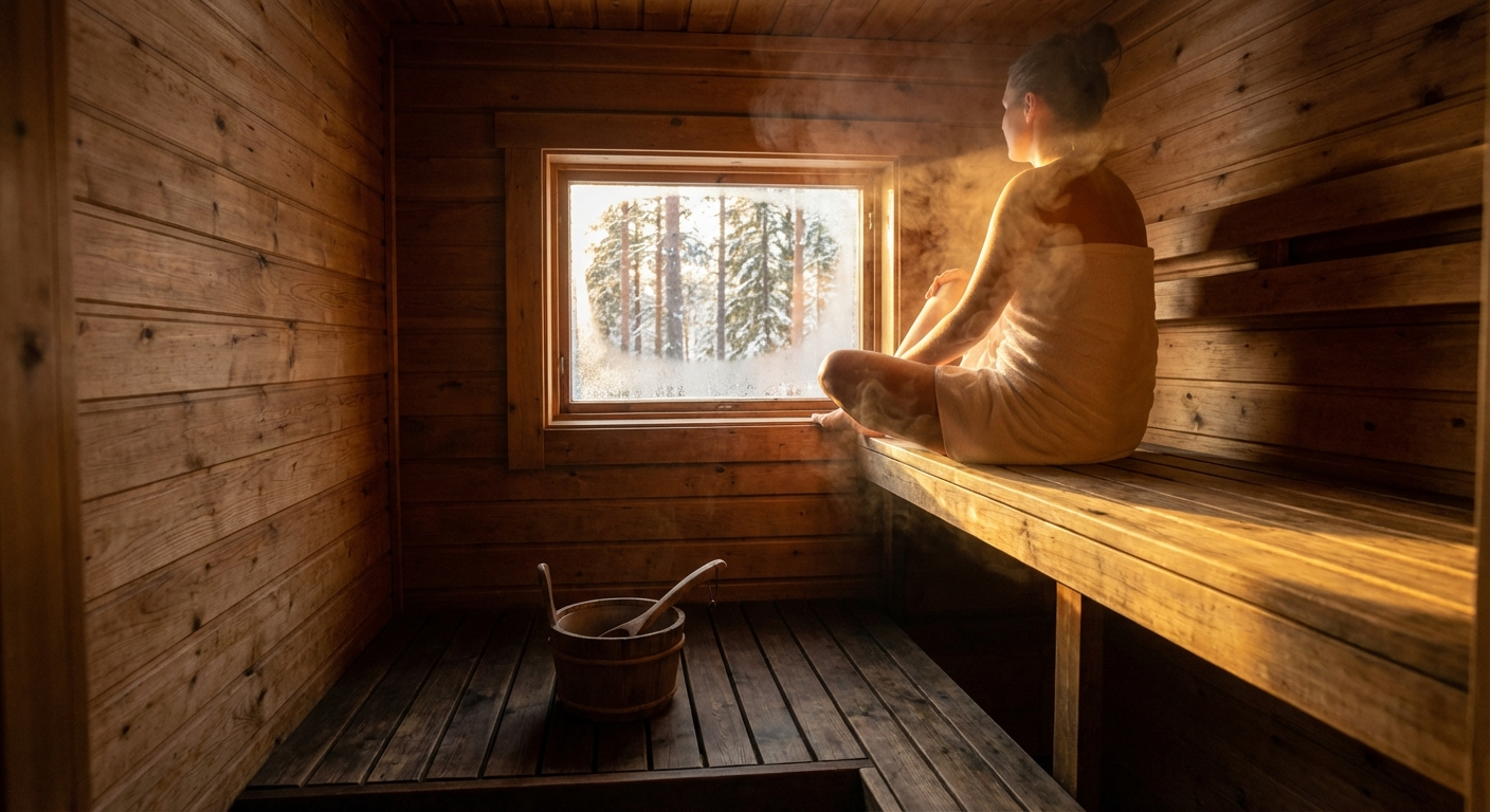 Peaceful Finnish sauna interior with golden morning light streaming through a steamy window, cedar wood walls glowing warmly