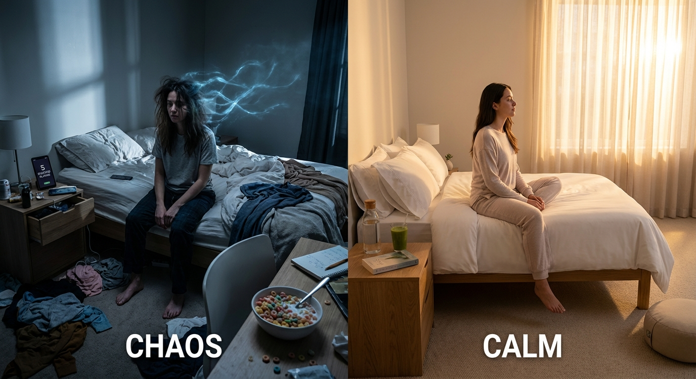 Split-screen morning bedroom: chaotic messy room draining willpower vs. clean organized peaceful space with golden morning light