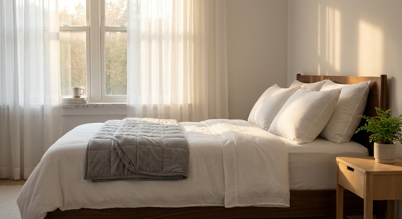 Perfectly made bed with pristine white linens at golden hour, morning sunlight streaming through curtains