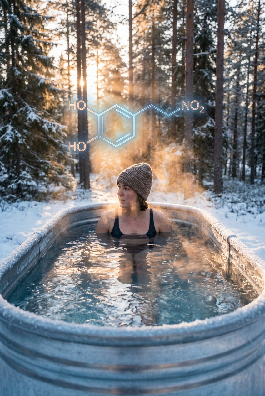 Person waist-deep in an icy outdoor cold plunge tub at sunrise, steam rising from the cold water with pine forest and golden dawn light in the background