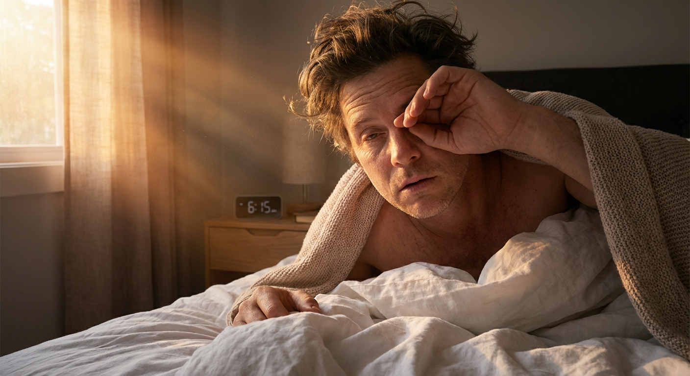 Person waking up in soft morning golden sunlight filtering through window, half-risen from white linen sheets looking groggy and tired with heavy eyes