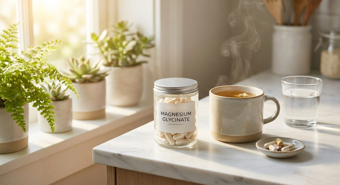 Morning wellness scene with magnesium glycinate supplements, herbal tea, and morning light on a clean marble kitchen counter
