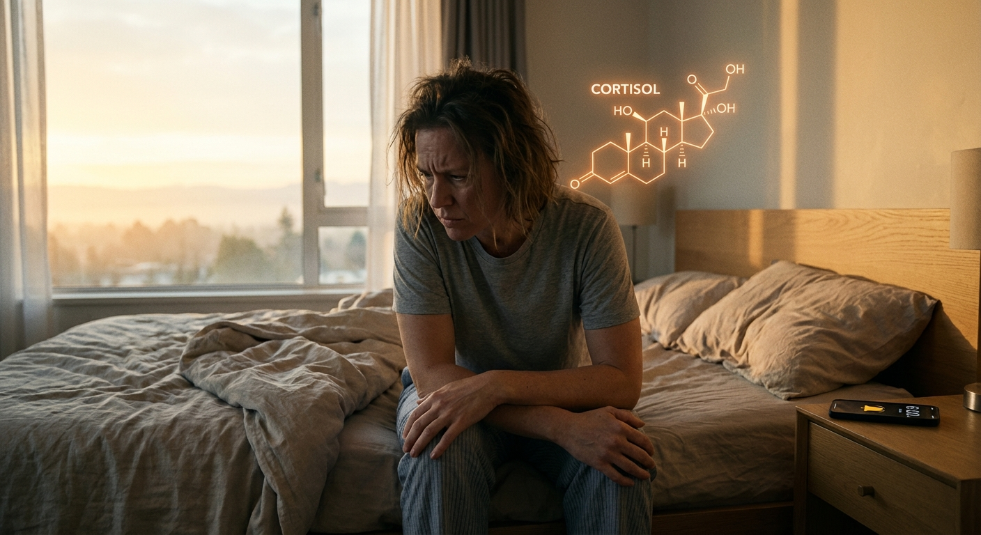 Person sitting on edge of bed looking anxious at dawn, cortisol awakening response visualization
