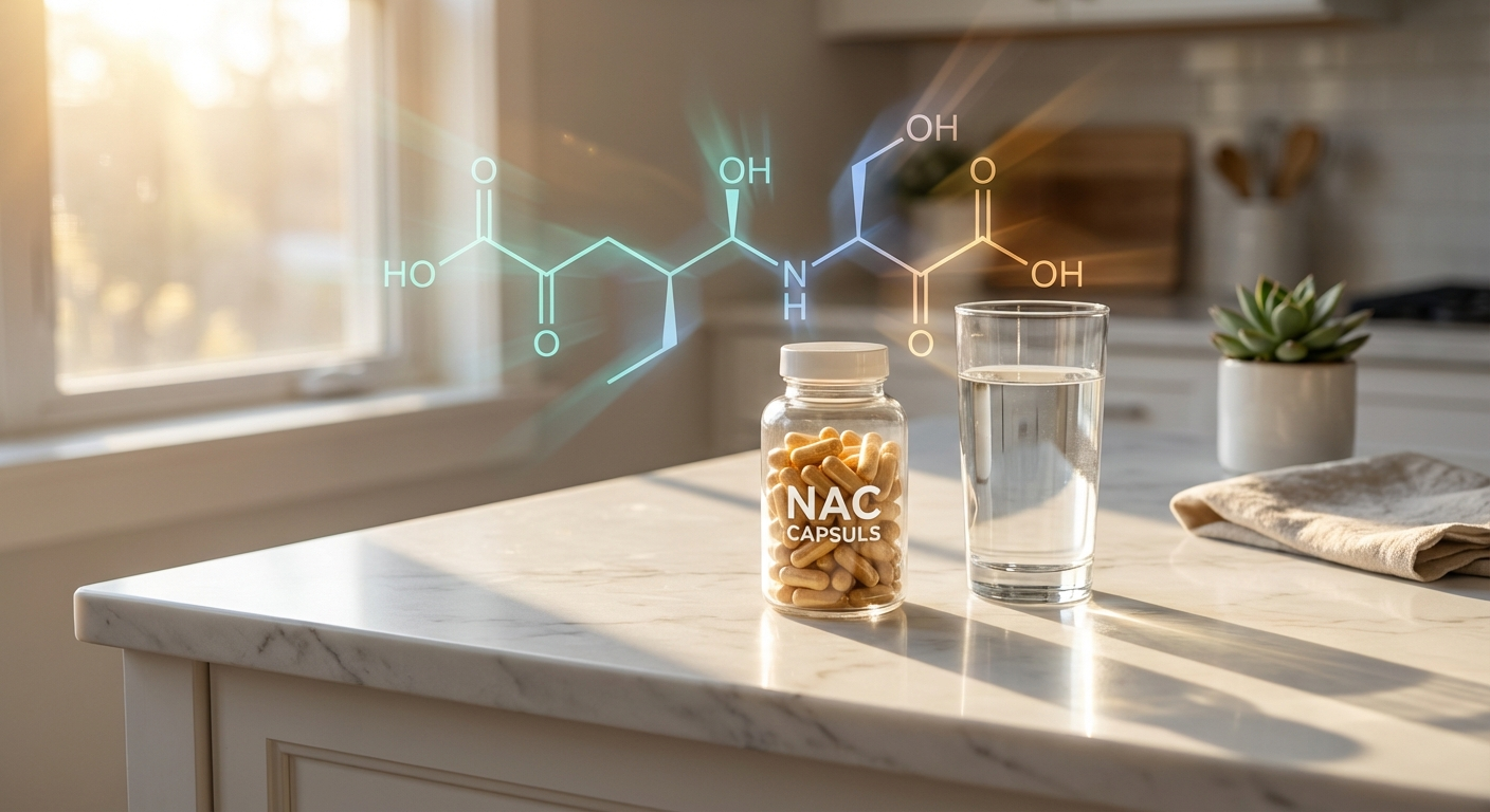 NAC supplement capsules on a clean marble countertop with morning light and glutathione molecule visualization