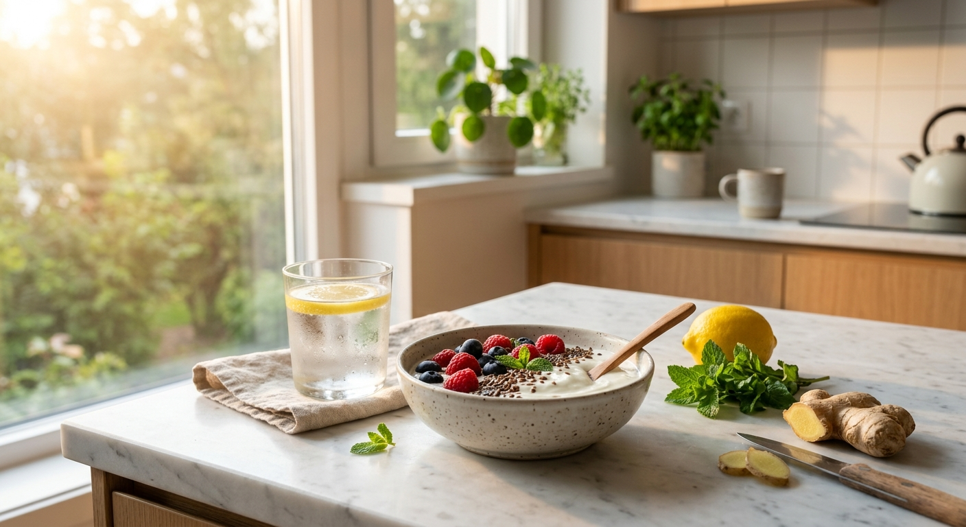 Morning gut health ritual: probiotic kefir yogurt bowl with colorful berries and chia seeds, warm lemon water, fresh mint and ginger on a marble countertop at dawn