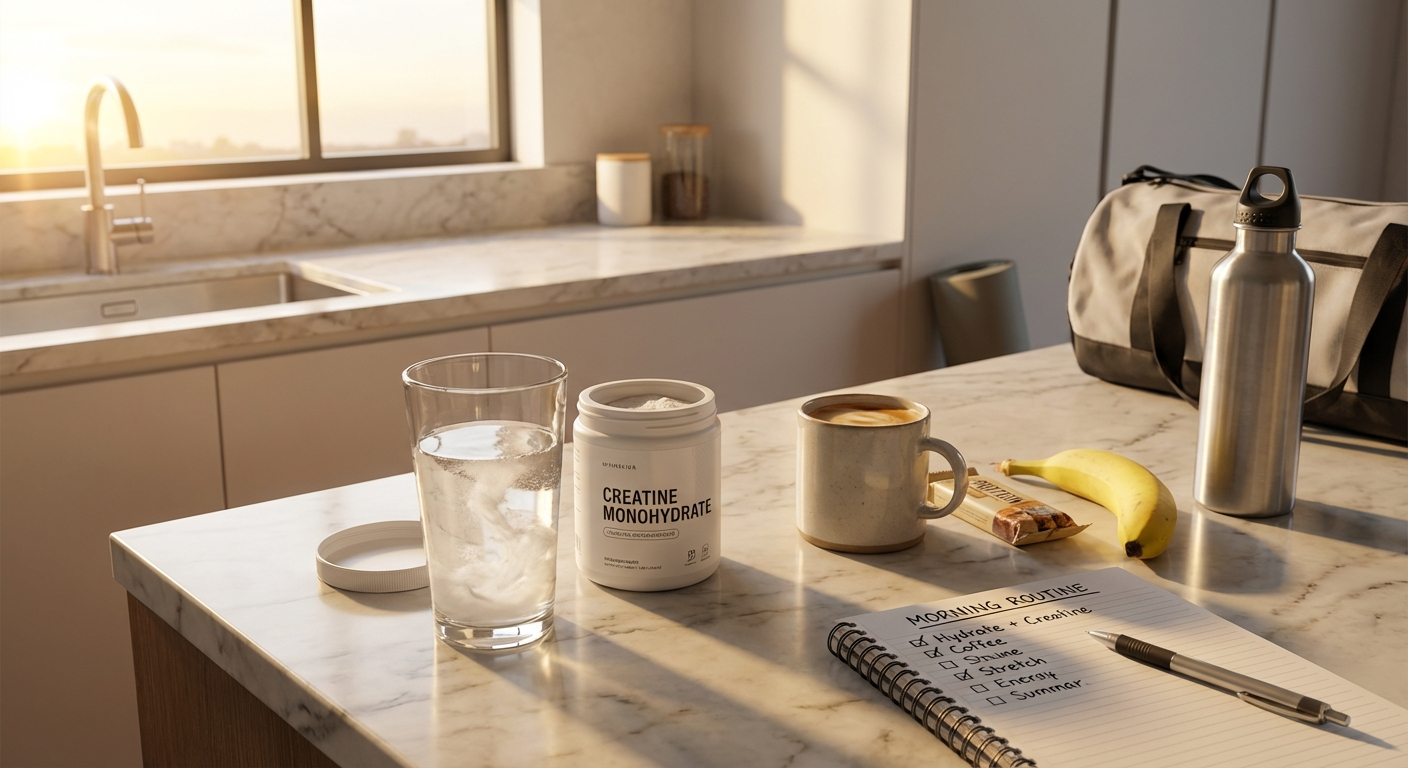 Morning creatine protocol setup: supplement tub, protein bar, golden dawn light on a marble countertop