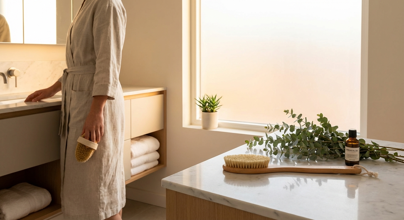 Natural dry brush with stiff bristles on white marble countertop with eucalyptus, morning amber light, minimalist bathroom aesthetic