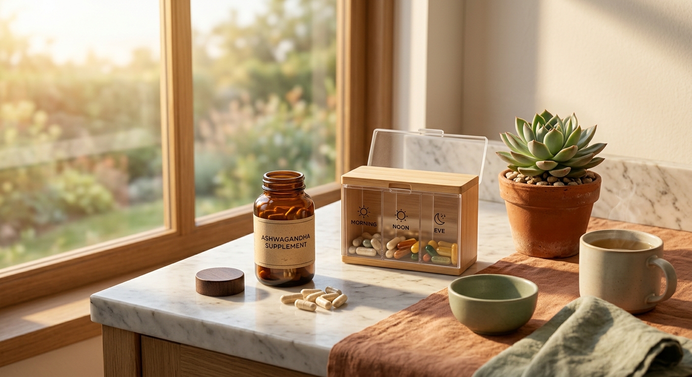 Morning wellness scene with ashwagandha supplements on a marble countertop bathed in golden dawn light