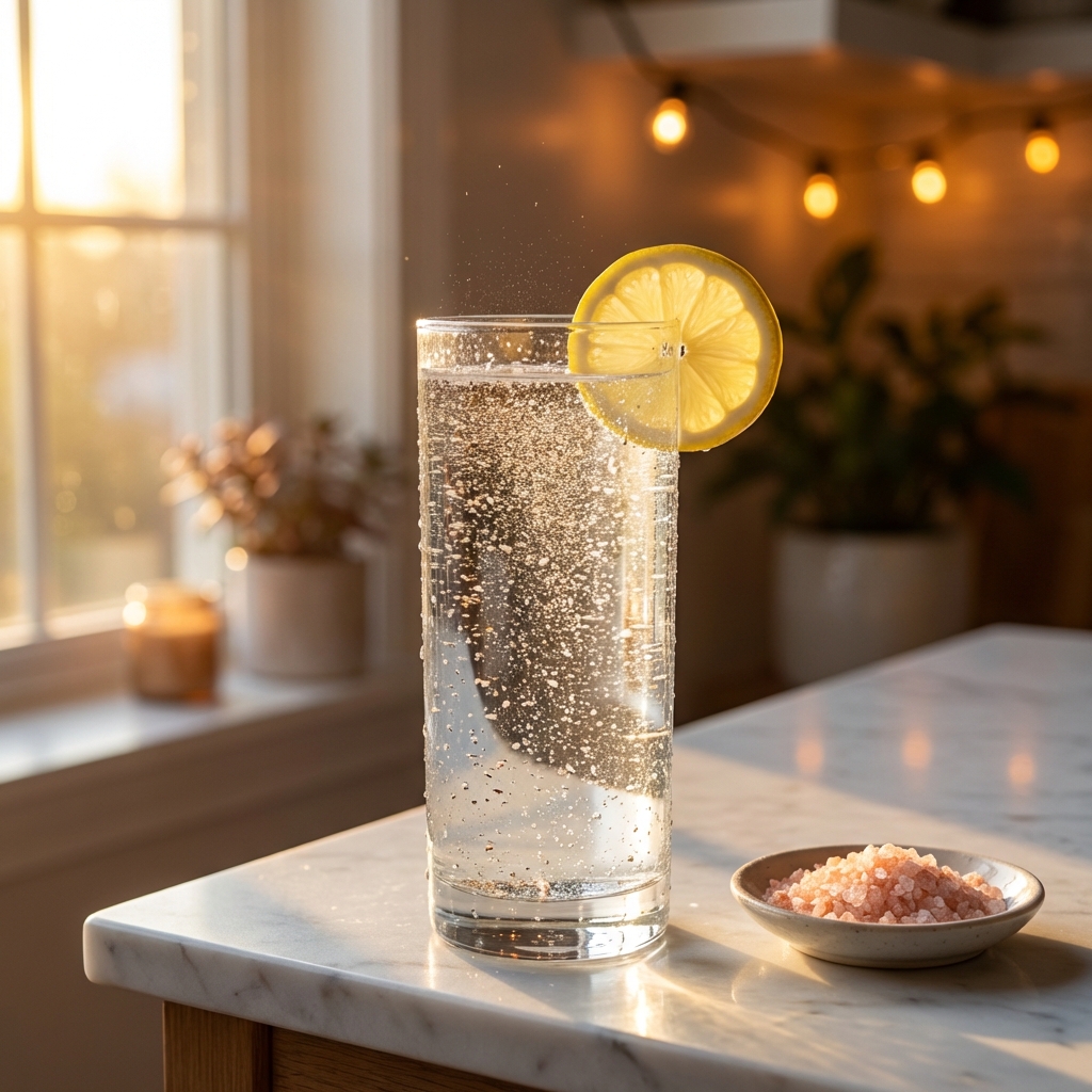 Crystal clear glass of electrolyte water with lemon and sea salt on a marble countertop at sunrise — the morning electrolyte ritual