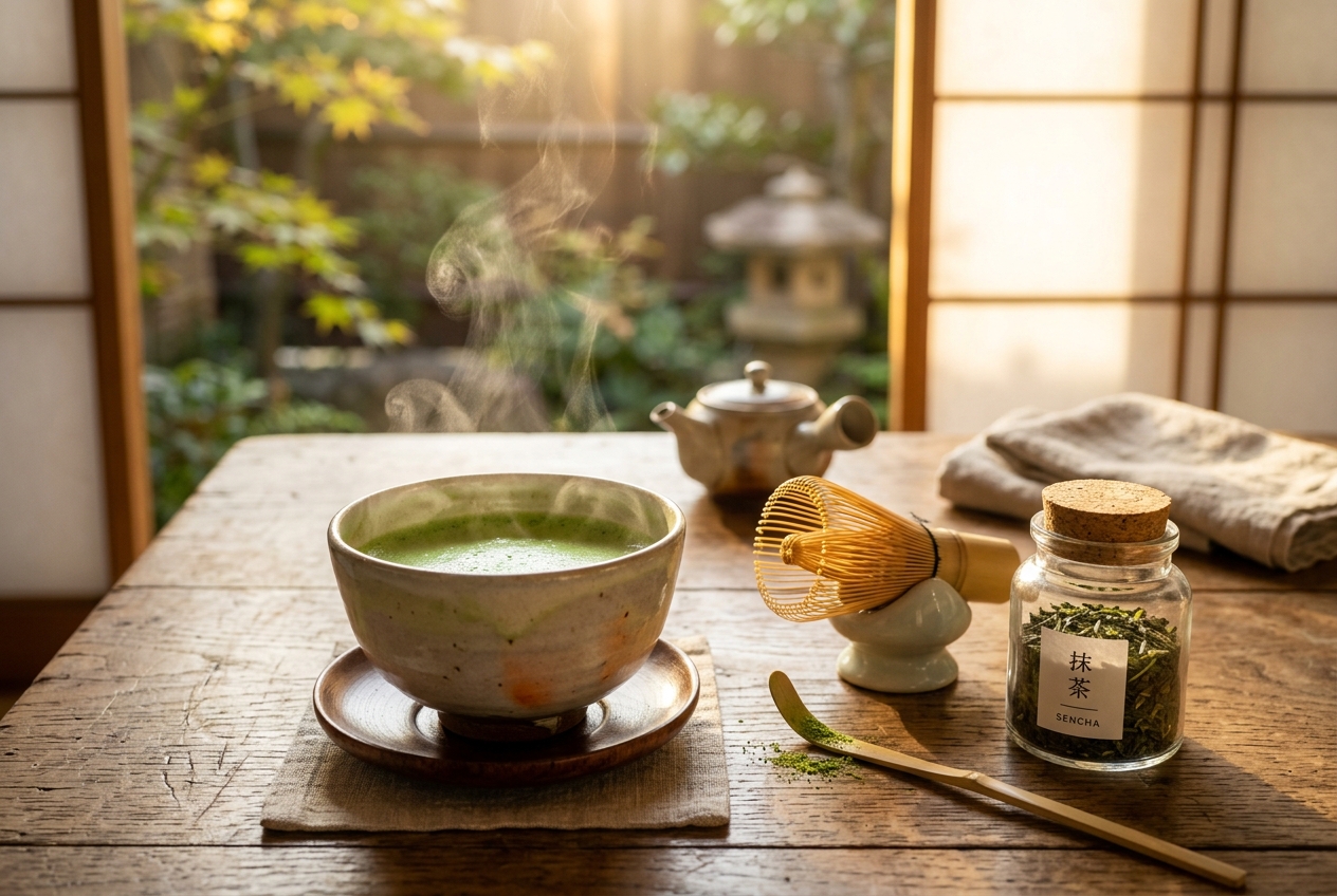 Morning green tea ritual with matcha bowl, bamboo whisk, and sencha tea in golden dawn light