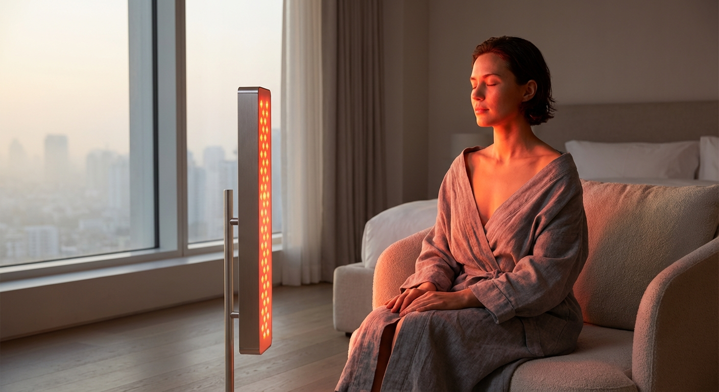 Person sitting in front of a glowing red light therapy panel in a serene morning bedroom scene