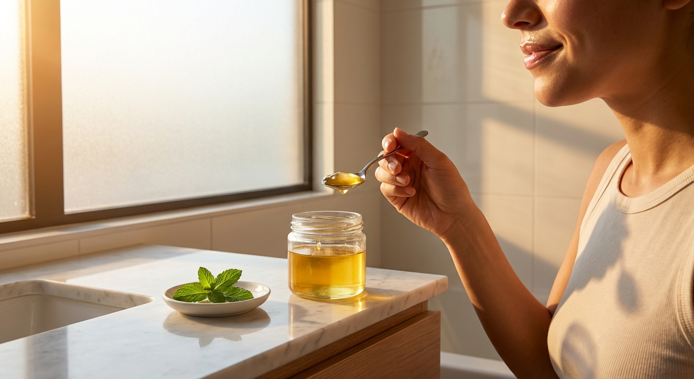 Morning oil pulling ritual with golden coconut oil on marble countertop