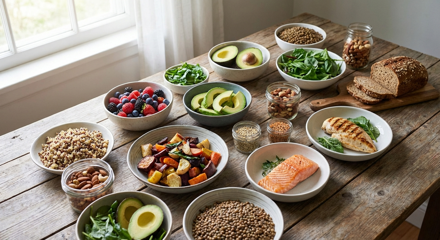 Colorful healthy foods on rustic table