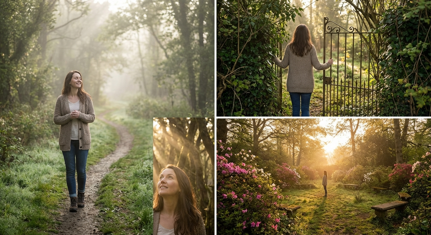 Woman on peaceful morning walk at sunrise