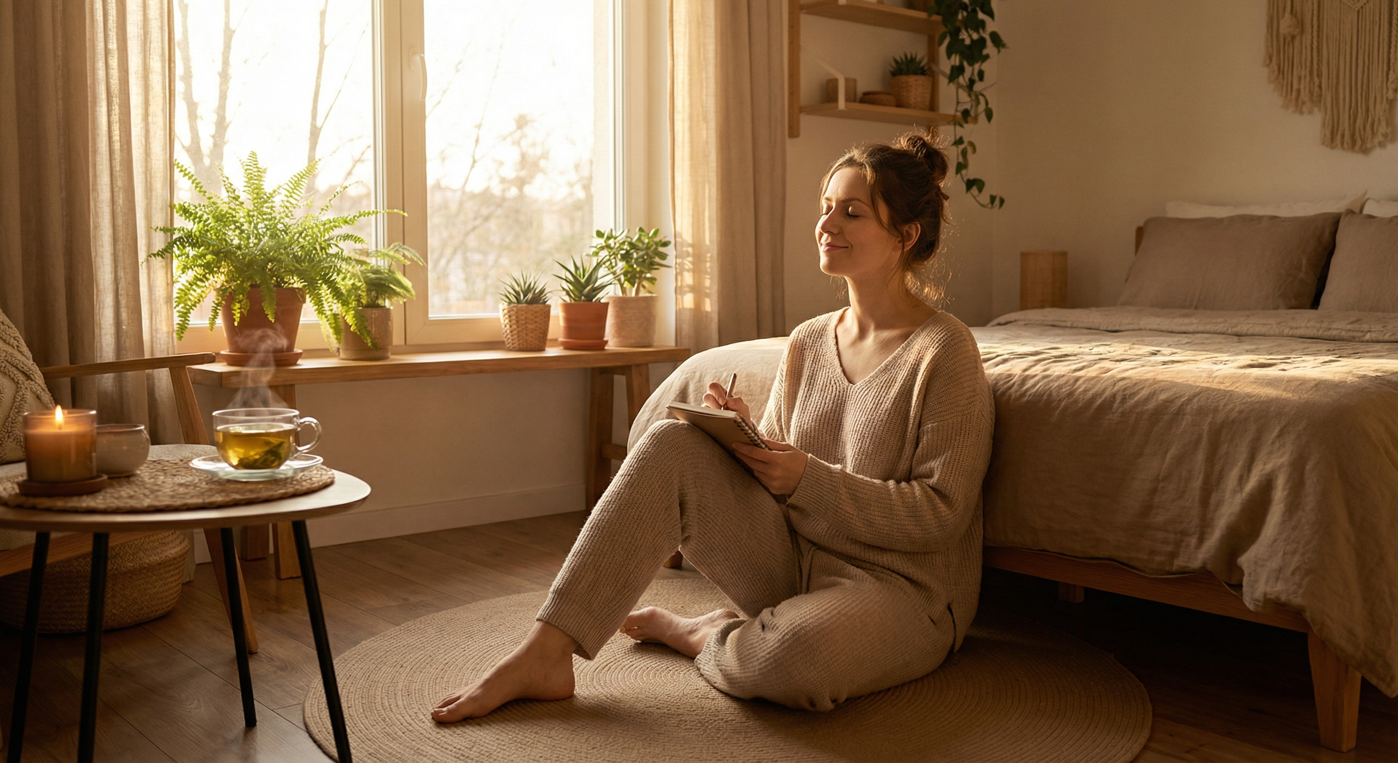 Person practicing morning meditation with gratitude journal