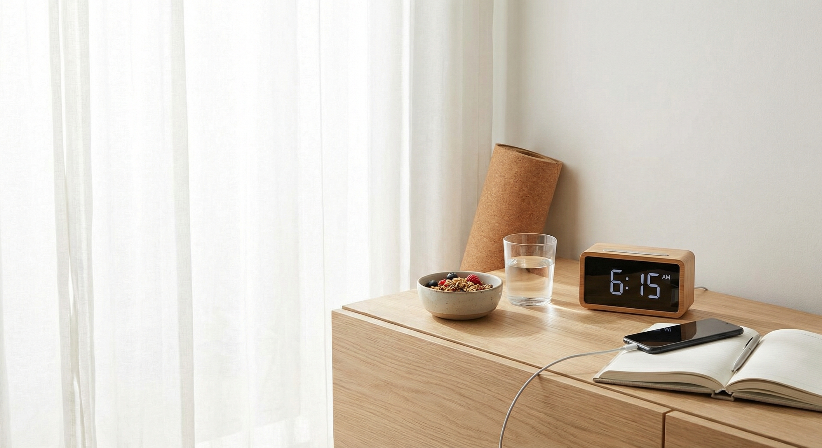 Morning routine essentials on bedside table