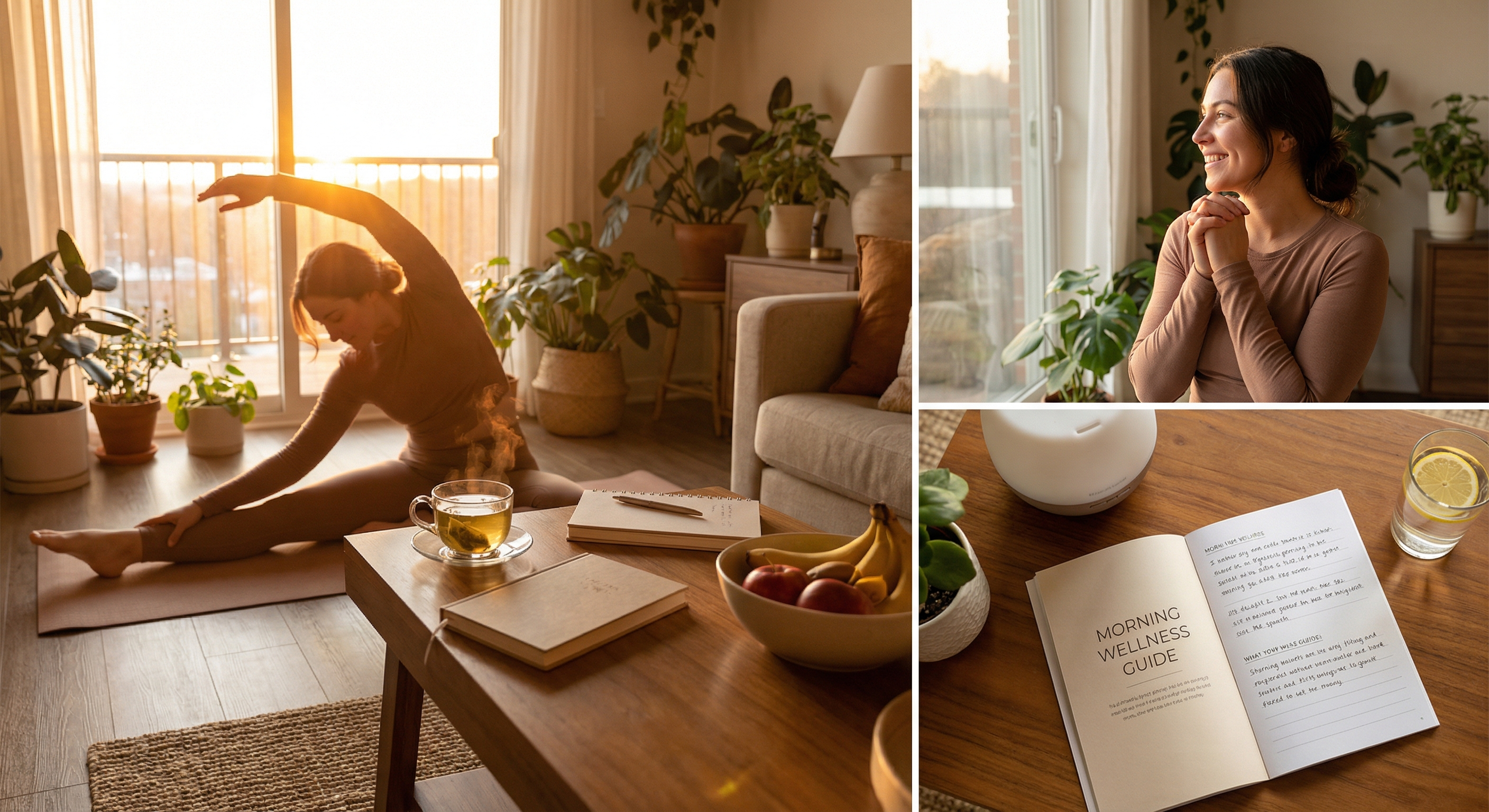 Comprehensive morning routine guide with yoga at sunrise